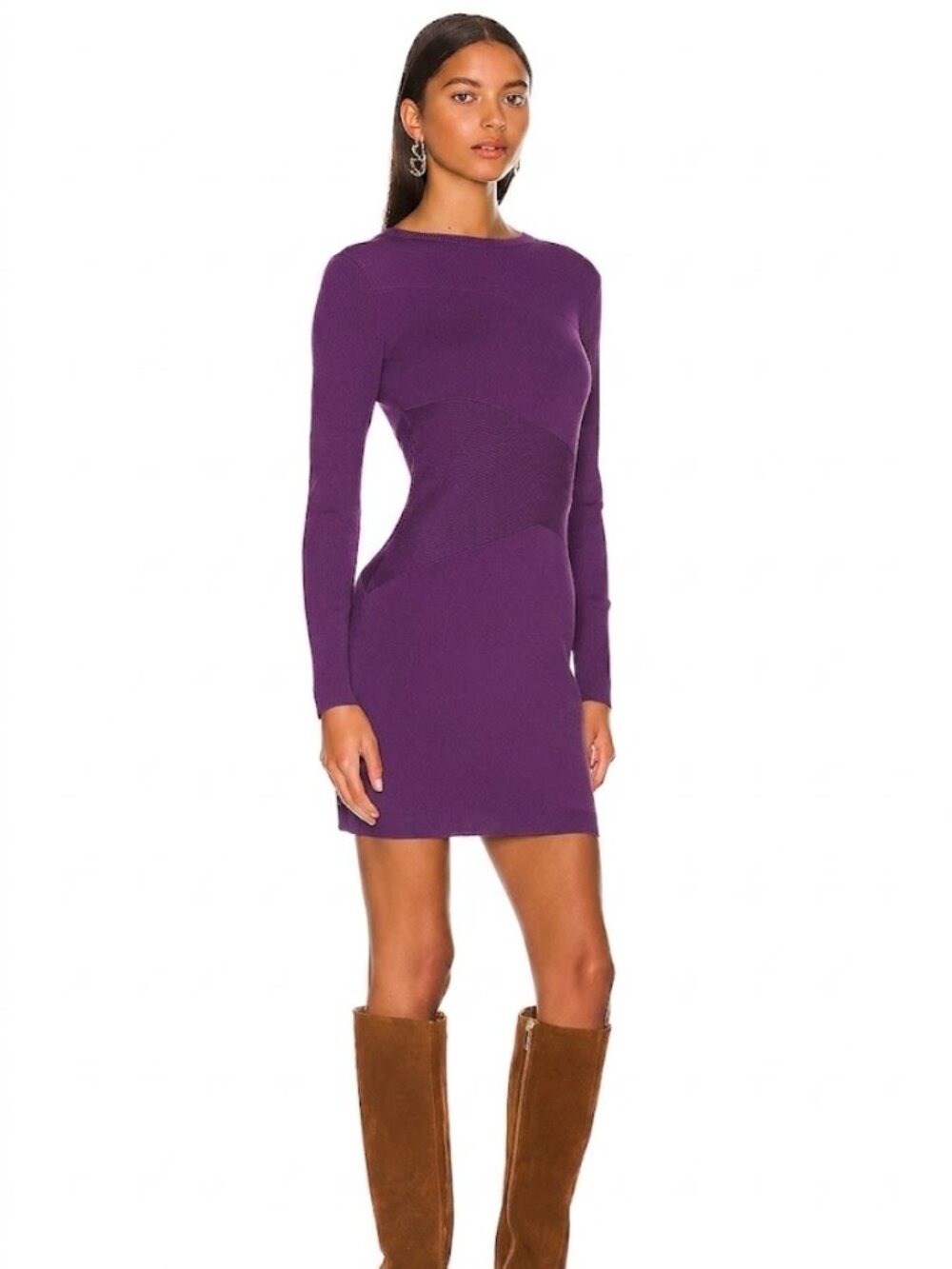 NWT retrofete Sonja in Purple Ribbed Stretch Knit Crew Neck Mini Dress S $345